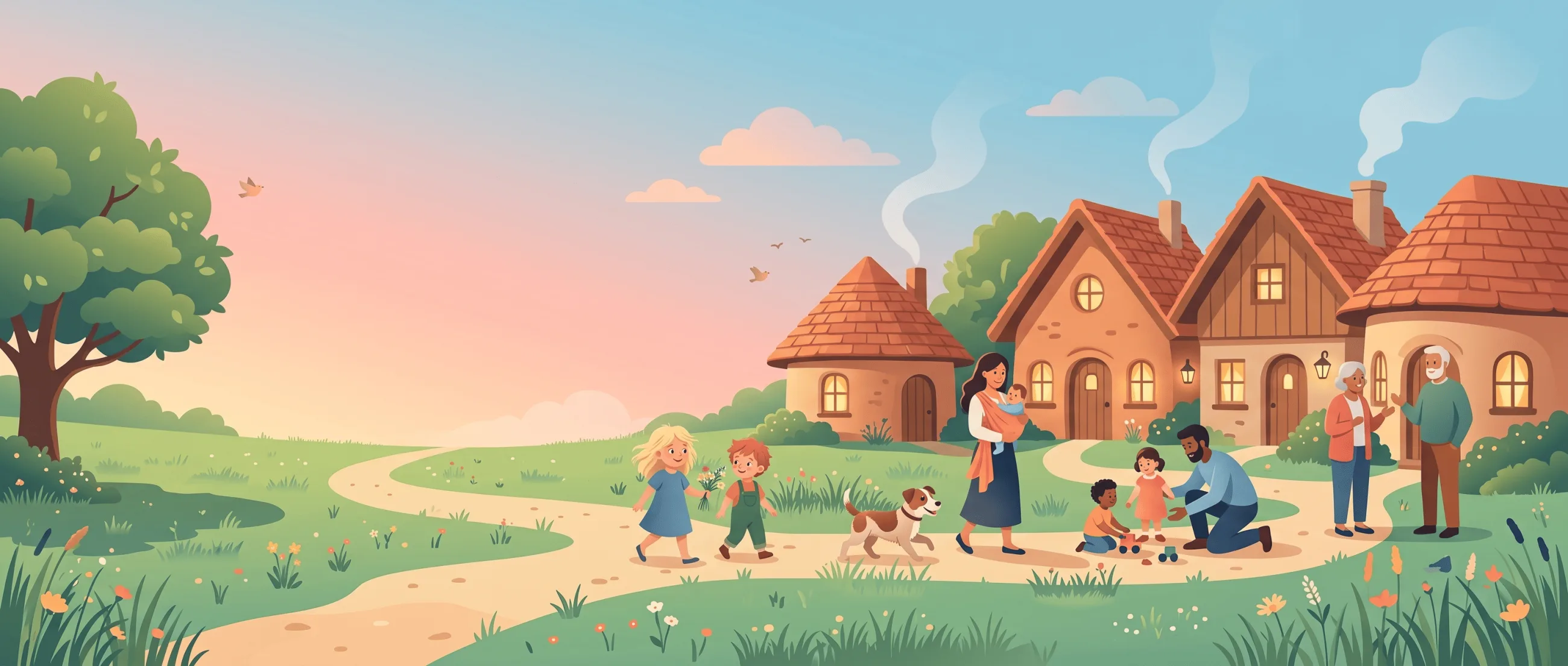 Illustration : un village chaleureux où des familles se retrouvent — parents, enfants et voisins sur la place du village.