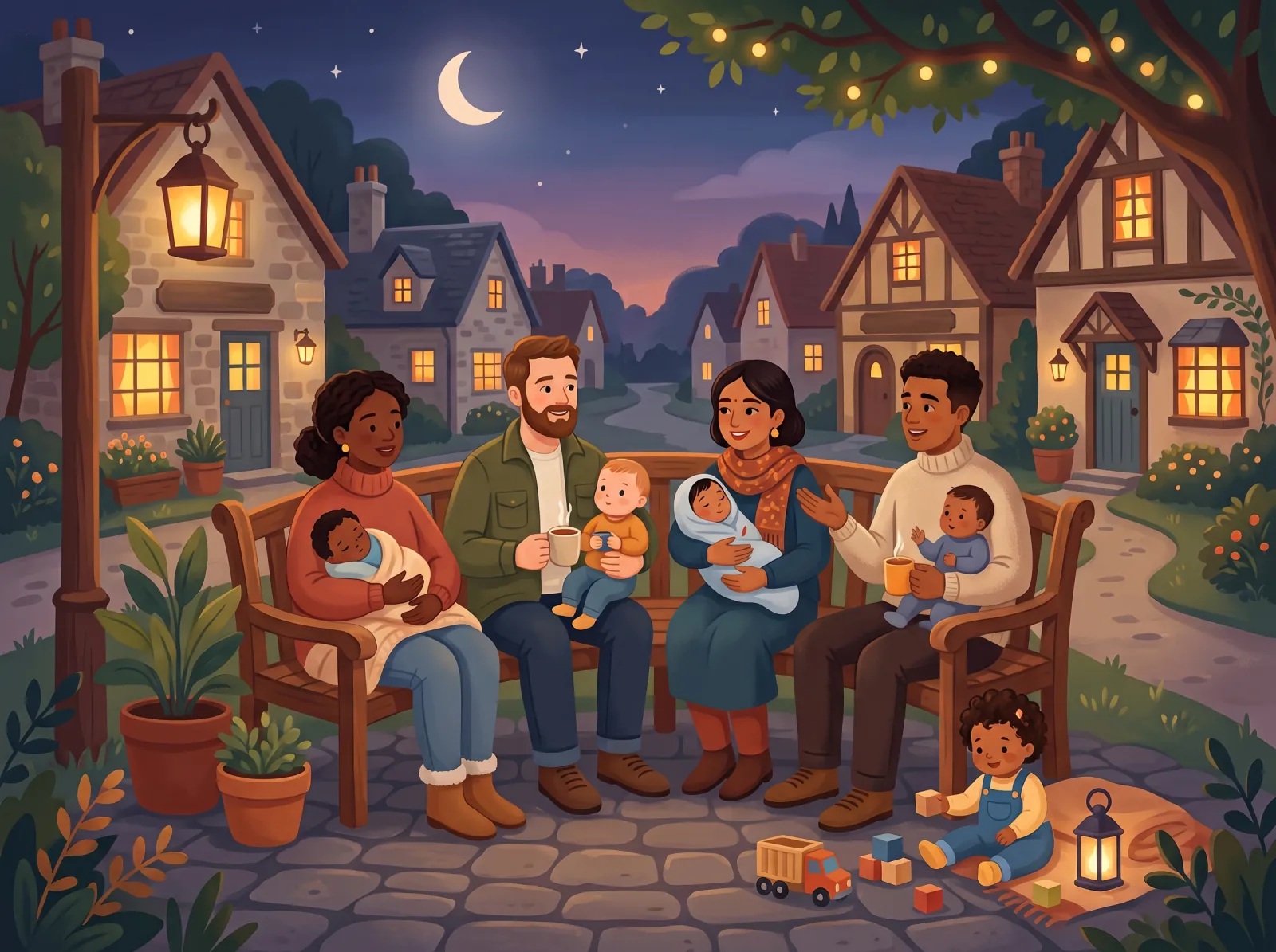 Plusieurs parents discutent chaleureusement autour d’un banc sur une place de village, le soir, bébés dans les bras.