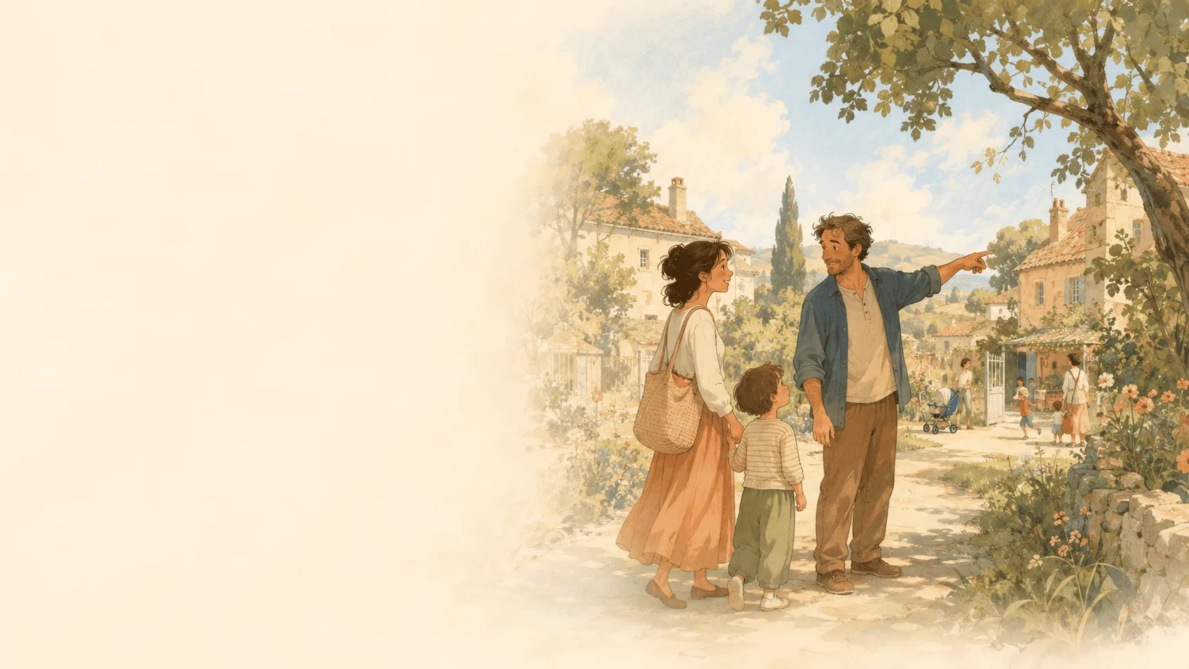 Aquarelle d’un village : une mère, son sac en bandoulière, tient son enfant par la main pendant qu’un père désigne une place où d’autres familles se promènent et des enfants jouent à vélo devant les maisons en pierre.