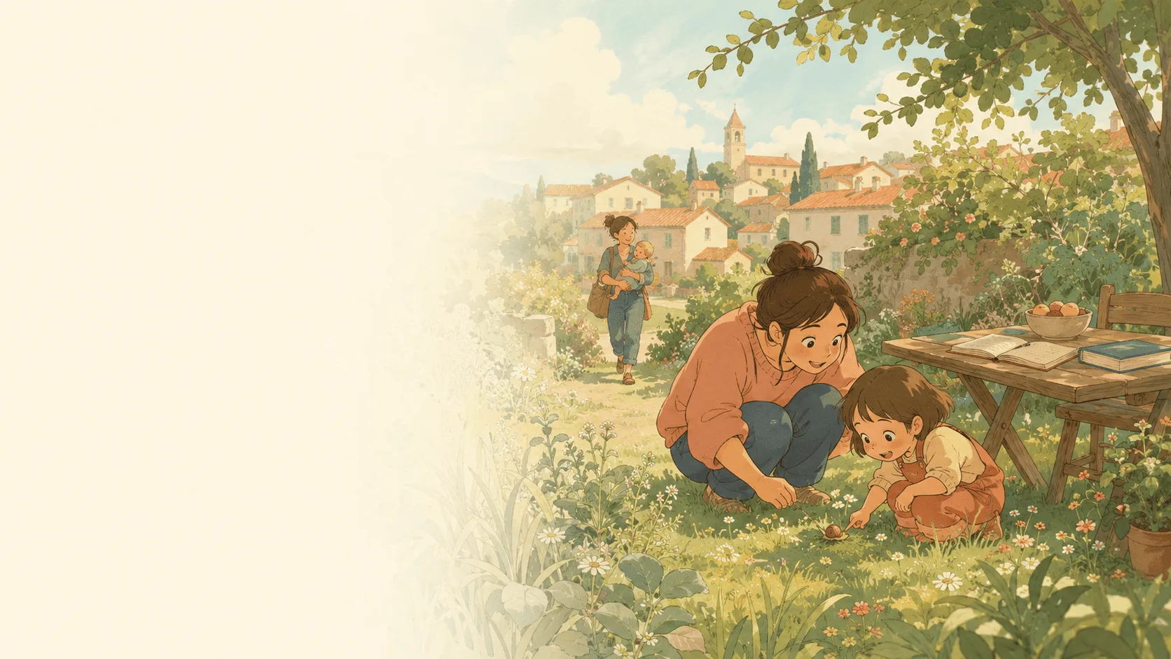 Aquarelle d’un village : dans un jardin, une mère et son enfant observent un escargot parmi les fleurs, des livres ouverts sur une table, et au loin un parent portant son bébé rejoint le village.