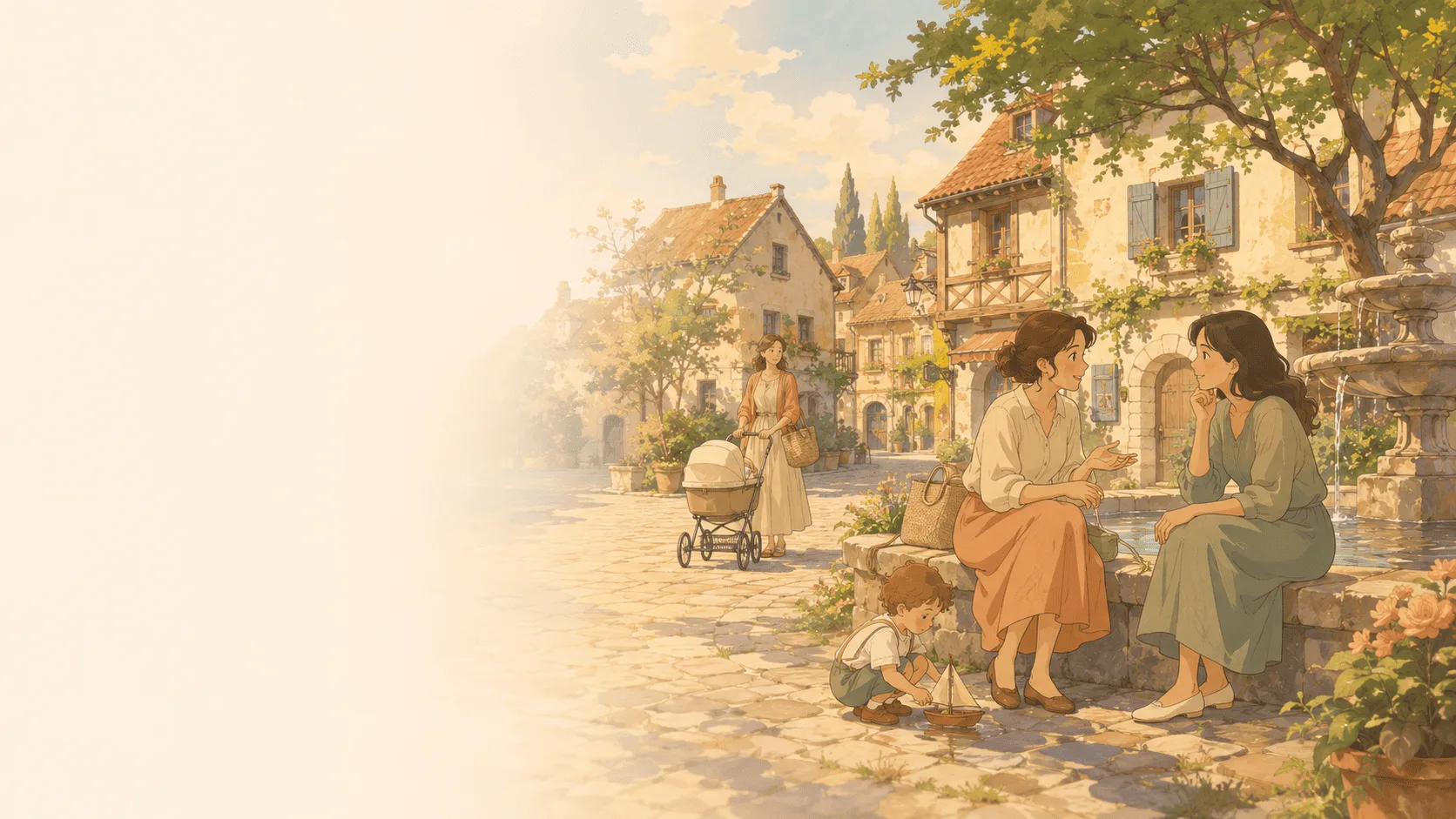 Aquarelle d’un village : deux mères discutent près de la fontaine pendant qu’un enfant joue sur les pavés et qu’un parent passe avec une poussette.