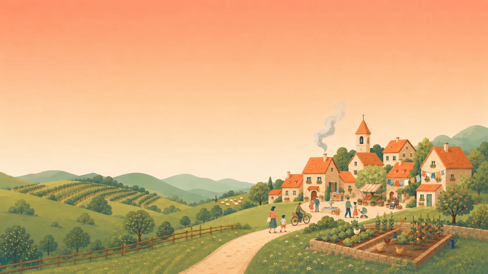 Illustration : un village chaleureux niché dans les collines, où des familles se retrouvent sur la place.