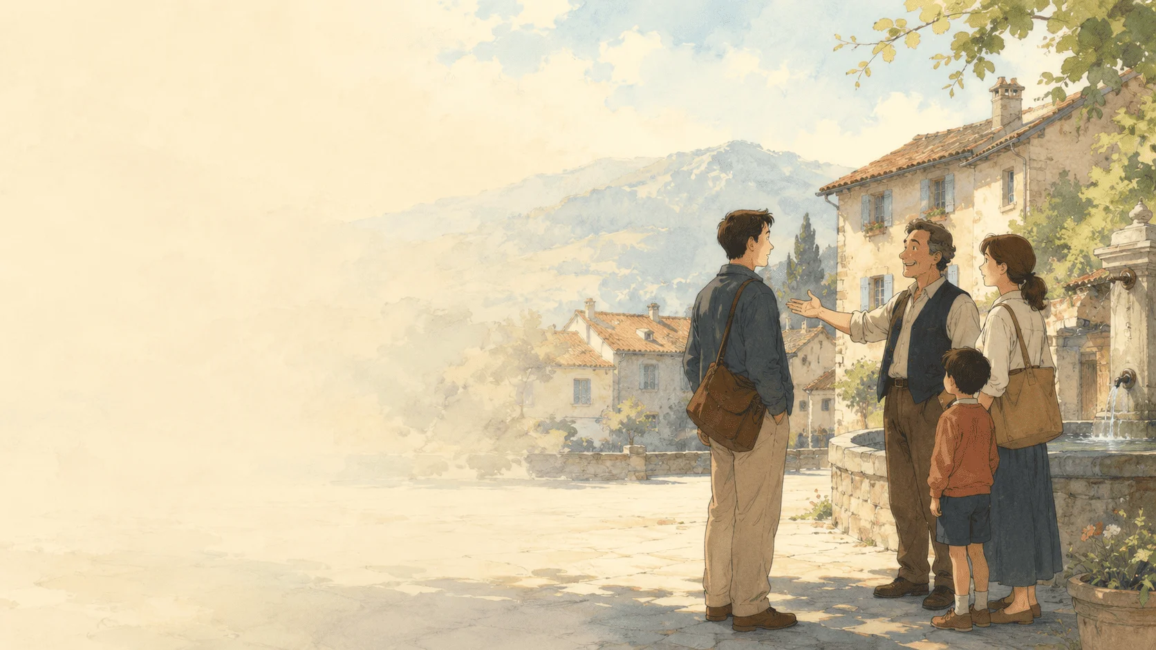 Illustration: Auf dem Dorfplatz zeigt ein Einheimischer einer Familie den Weg.
